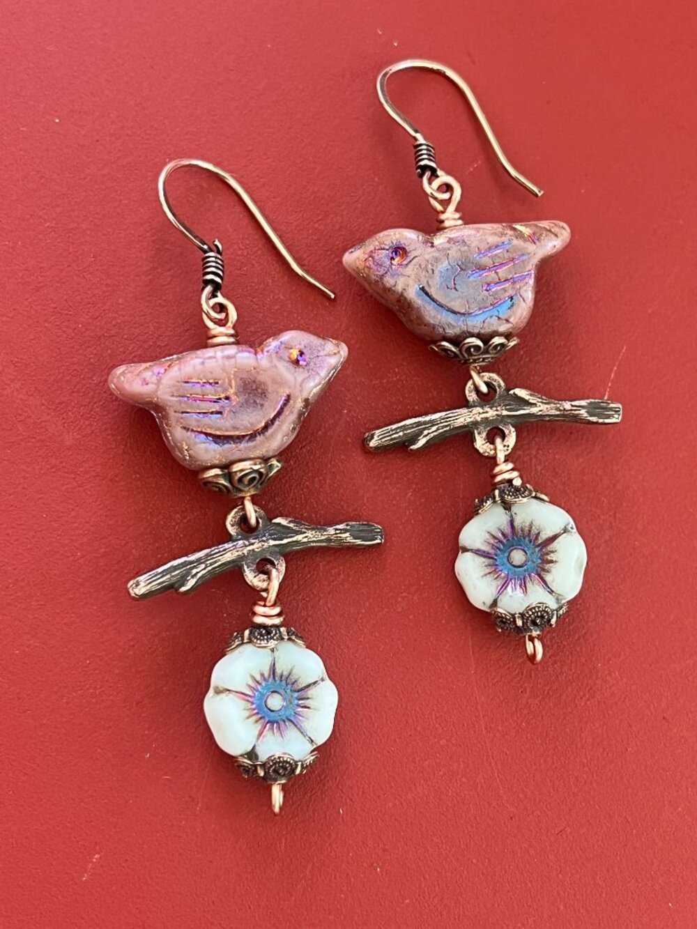 Whimsical Bird and Flower Earrings | Boho Nature Dangle Copper Earrings - Picture 9 of 9